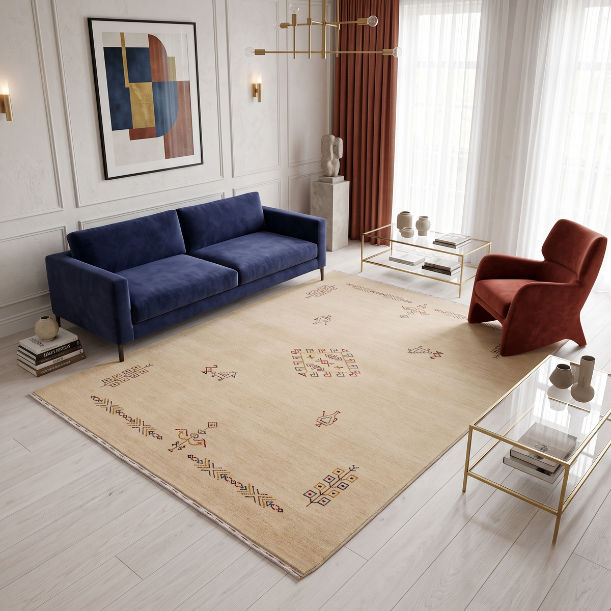 Beige Hand Woven Loom Lori wool rug with central diamond medallion styled in an elegant neutral living room