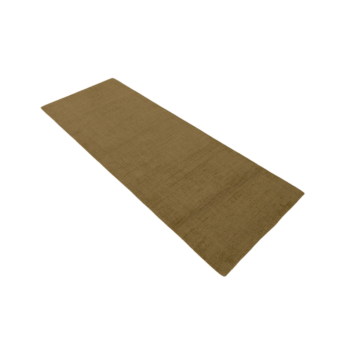 Angled view of Beige Loom Lori wool runner rug highlighting its slim runner proportion, plain design and earthy neutral colour.