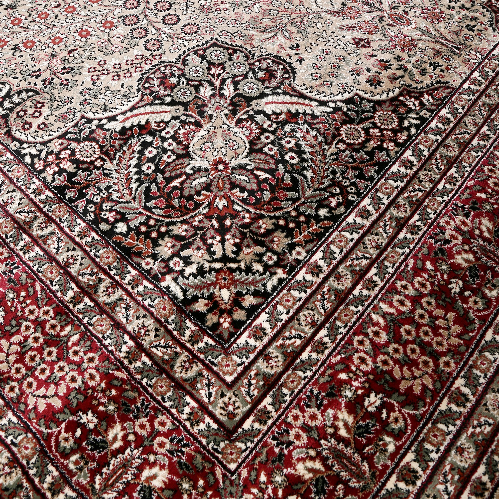 Close-up texture of Beige Machine Woven Classic Art Silk Rug showing intricate floral motifs and smooth Art Silk surface