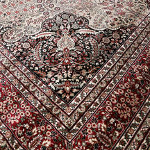 Close-up texture of Beige Machine Woven Classic Art Silk Rug showing intricate floral motifs and smooth Art Silk surface