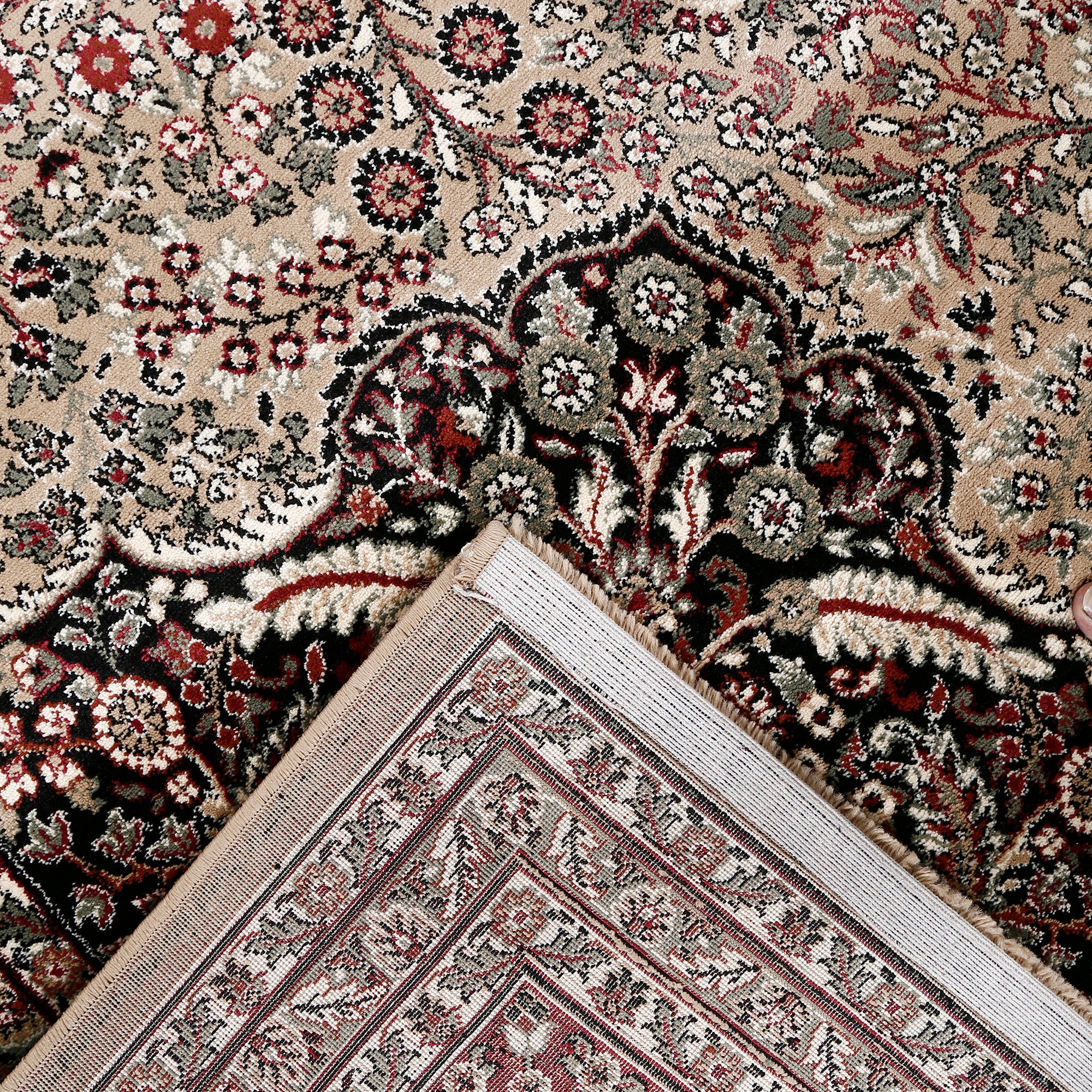 Corner and edge detail of Beige Red Medallion Machine Woven Classic Art Silk Rug with floral border
