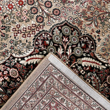 Corner and edge detail of Beige Red Medallion Machine Woven Classic Art Silk Rug with floral border