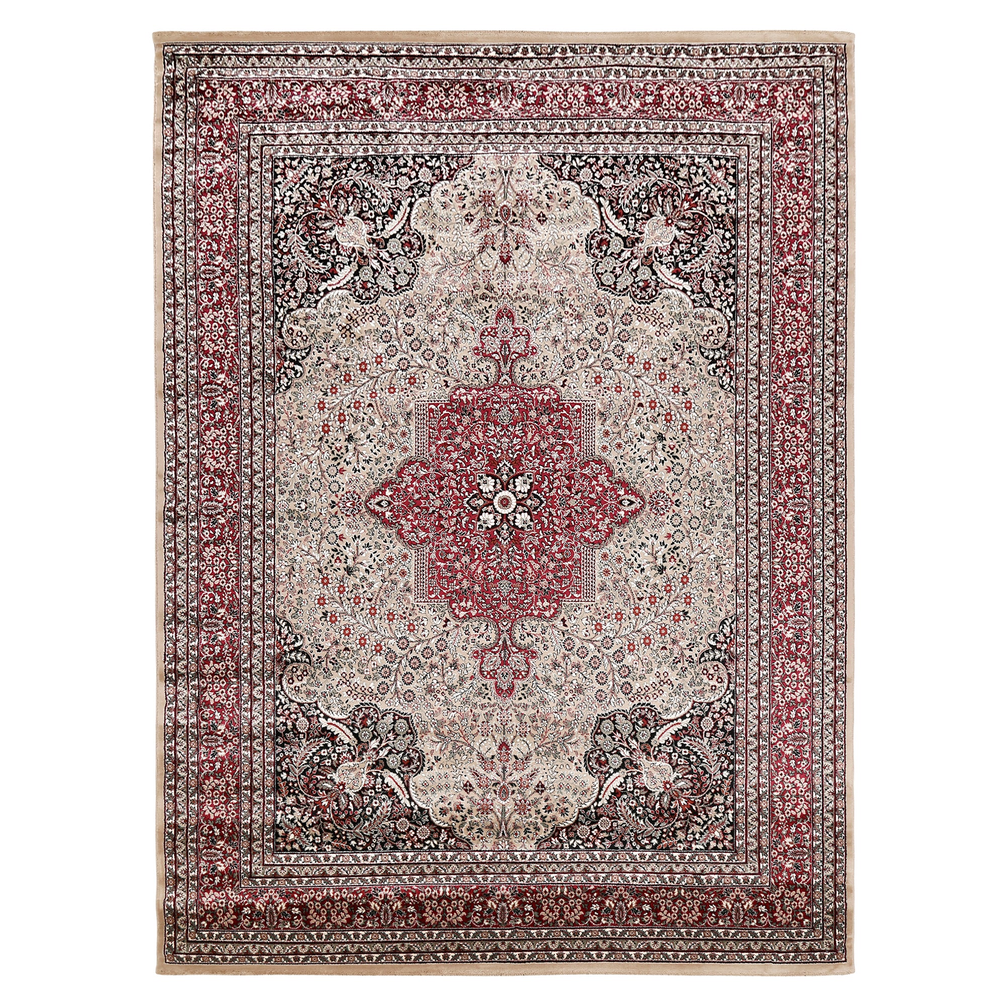 Full view of Beige Machine Woven Classic Art Silk Rug with rich red floral medallion and layered ornamental borders