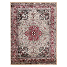 Full view of Beige Machine Woven Classic Art Silk Rug with rich red floral medallion and layered ornamental borders