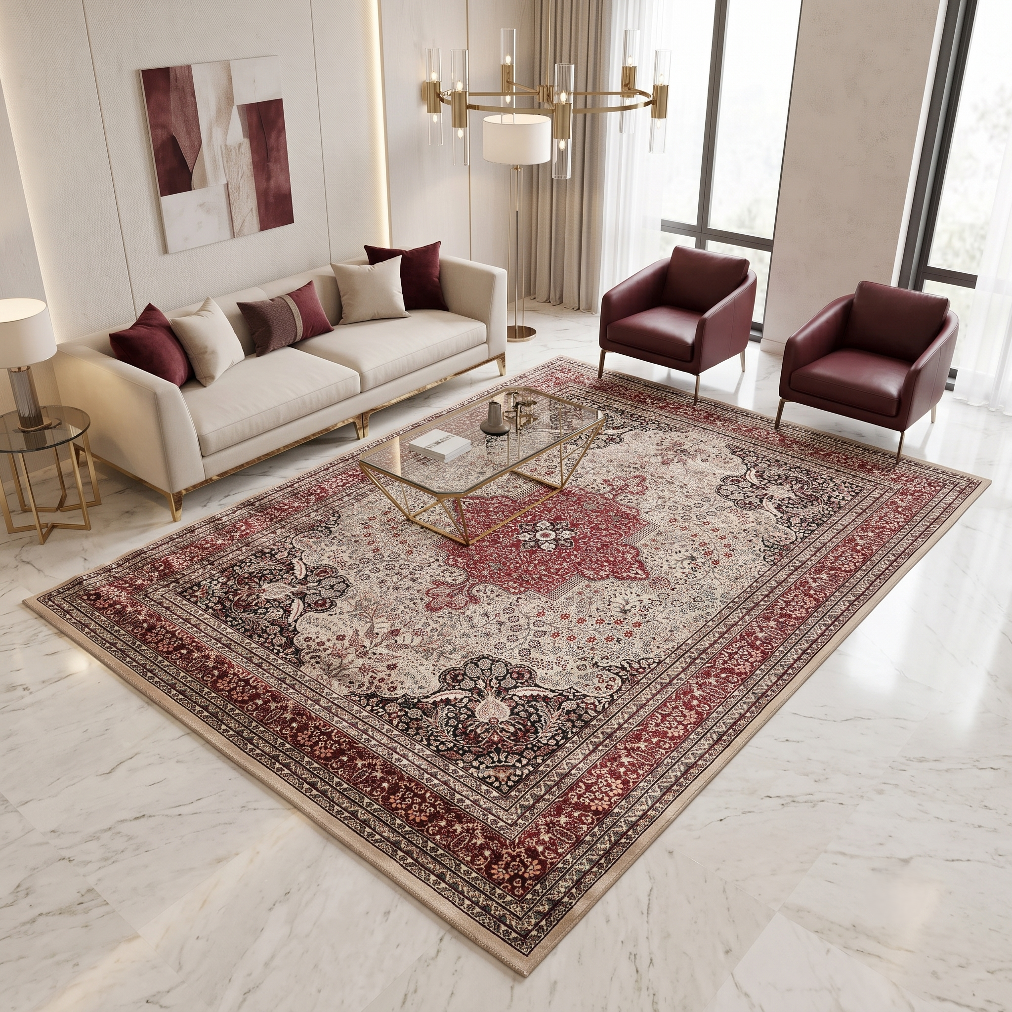 Beige Red Medallion Machine Woven Classic Art Silk Rug styled in an elegant interior by Khushi Living
