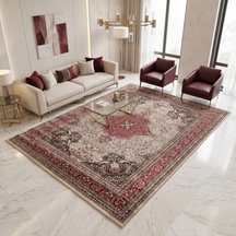 Beige Red Medallion Machine Woven Classic Art Silk Rug styled in an elegant interior by Khushi Living