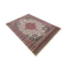 Side angle view of Beige Red Medallion Machine Woven Classic Art Silk Rug by Khushi Living