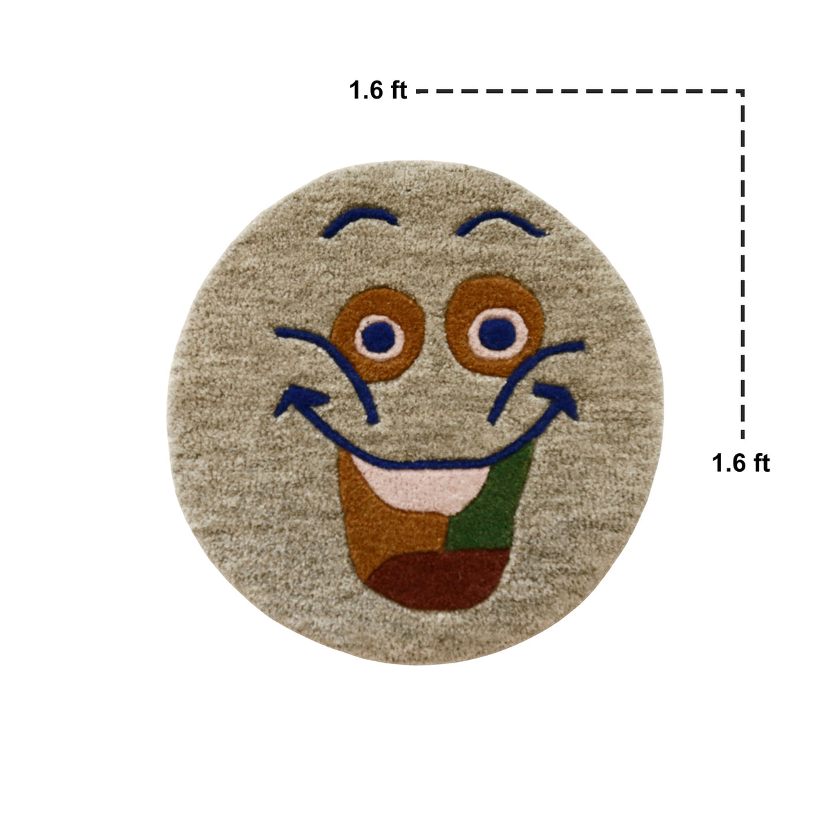 Corner and edge detail of beige hand tufted wool kids rug showing its rounded shape, plush pile and neatly finished border.
