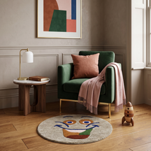 Beige smiley face hand tufted wool kids rug styled in a playful children's bedroom with modern furniture and colourful decor.