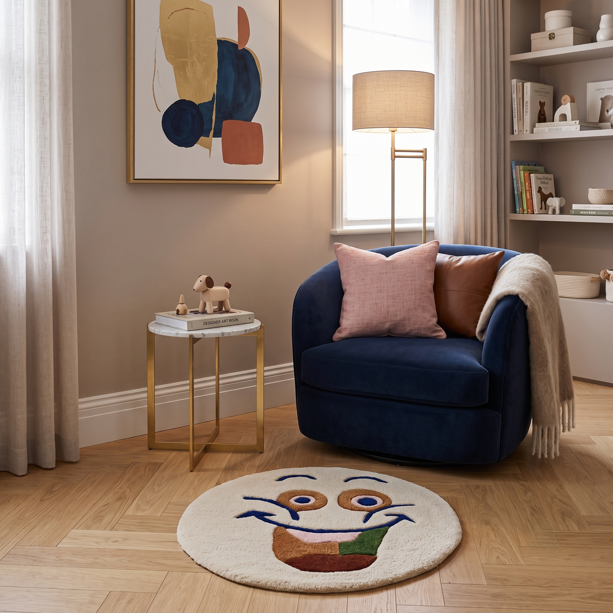 Beige smiley face hand tufted wool kids rug styled in a playful children's bedroom with modern furniture and colourful decor.
