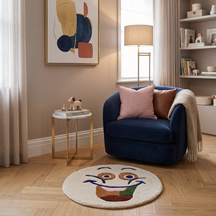 Beige smiley face hand tufted wool kids rug styled in a playful children's bedroom with modern furniture and colourful decor.