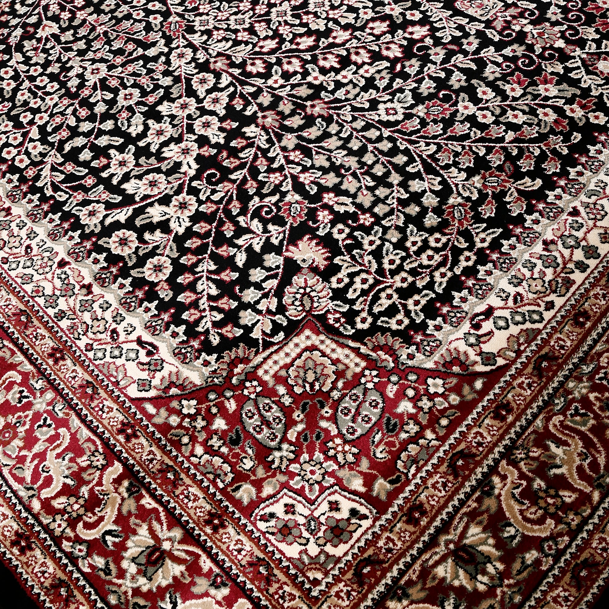 Close-up texture of Black Machine Woven Classic Art Silk Rug showing intricate floral vines and smooth Art Silk surface