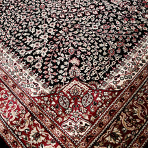 Close-up texture of Black Machine Woven Classic Art Silk Rug showing intricate floral vines and smooth Art Silk surface
