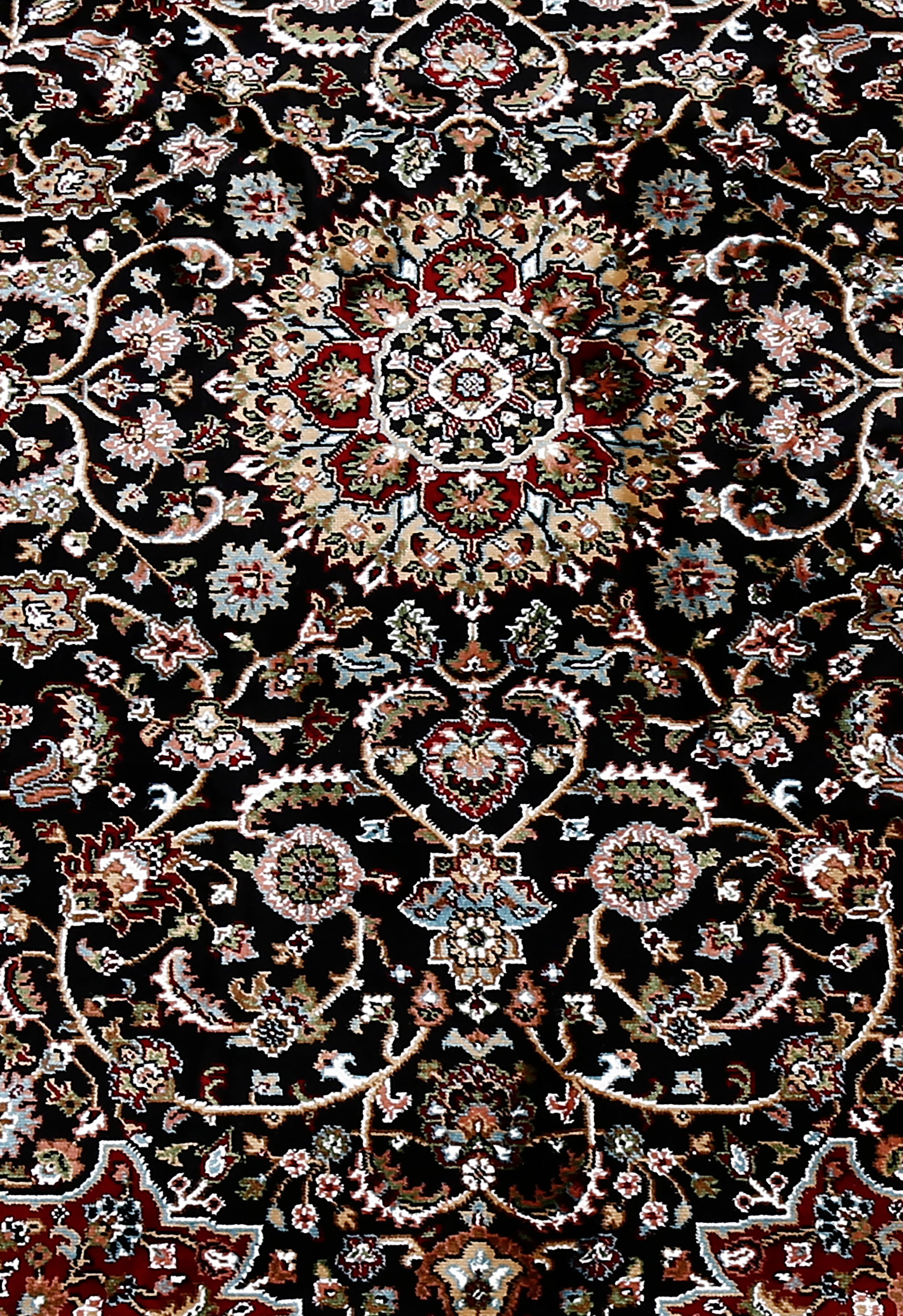Close-up texture of Black Machine Woven Classic Art Silk Rug showing detailed floral motifs and smooth surface