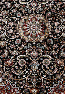 Close-up texture of Black Machine Woven Classic Art Silk Rug showing detailed floral motifs and smooth surface