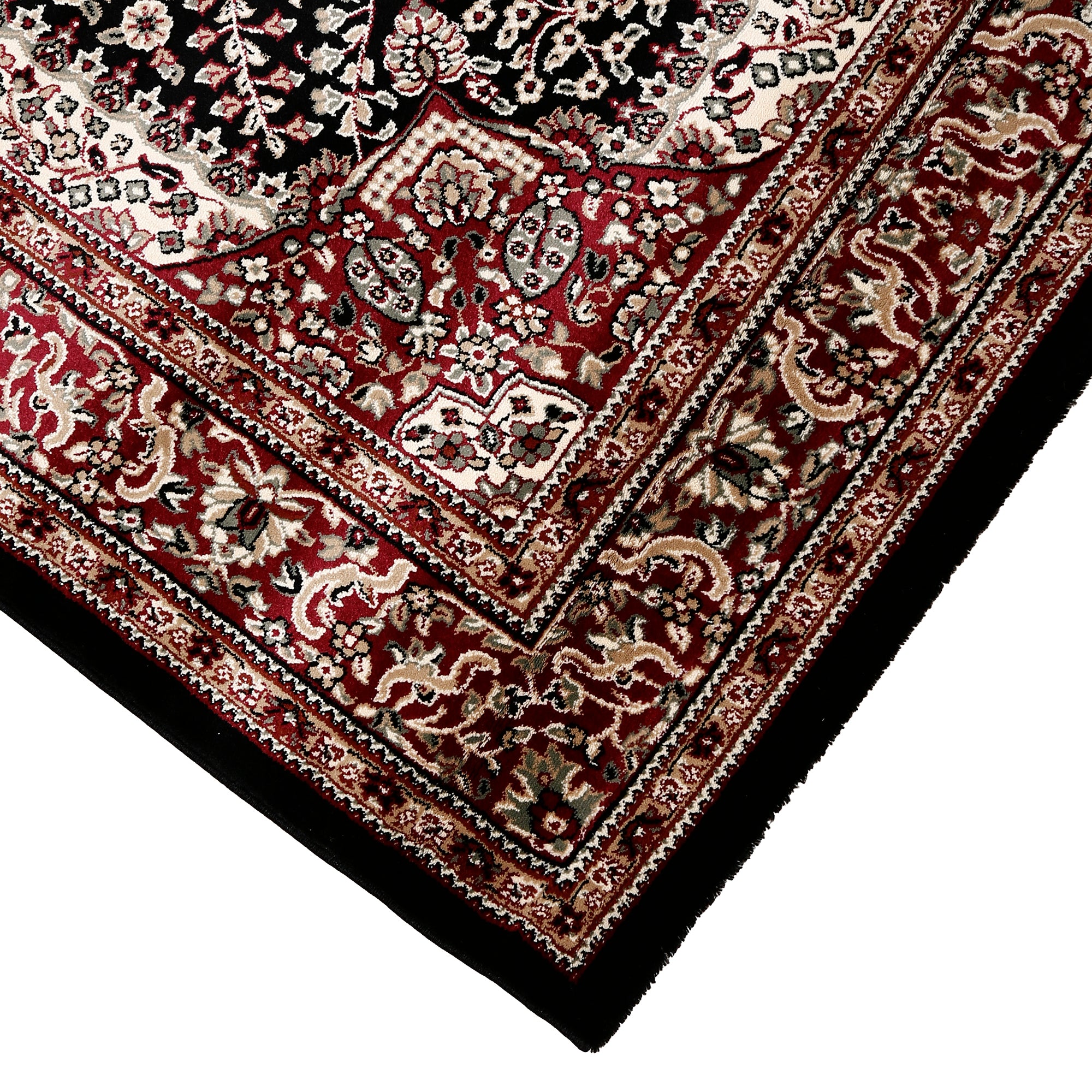 Corner and edge detail of Black Floral Medallion Machine Woven Classic Art Silk Rug with red ornamental border