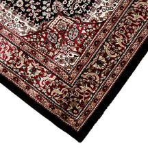 Corner and edge detail of Black Floral Medallion Machine Woven Classic Art Silk Rug with red ornamental border