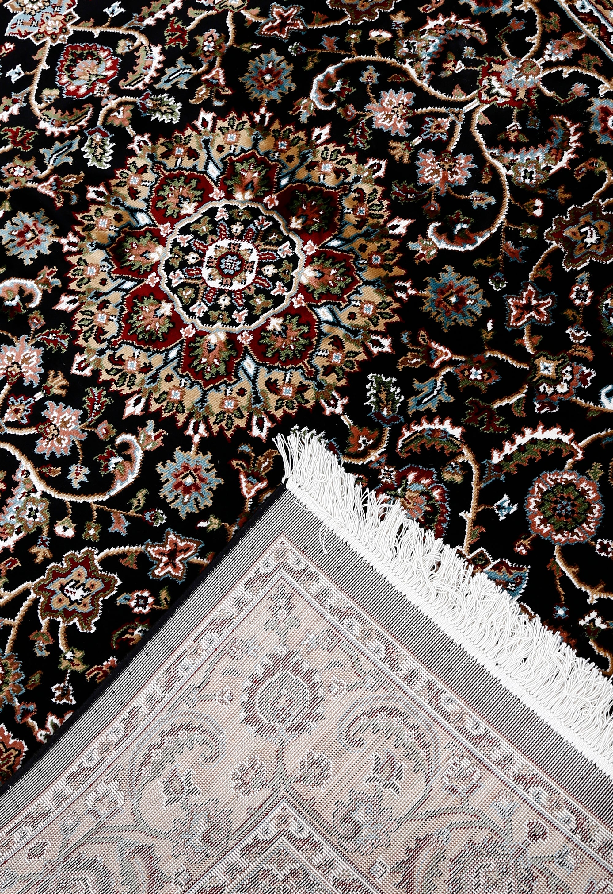 Corner and fringed edge detail of Black Floral Medallion Machine Woven Classic Art Silk Rug
