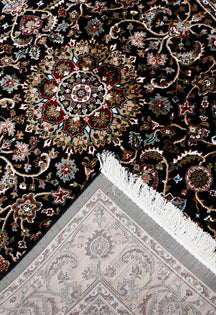 Corner and fringed edge detail of Black Floral Medallion Machine Woven Classic Art Silk Rug