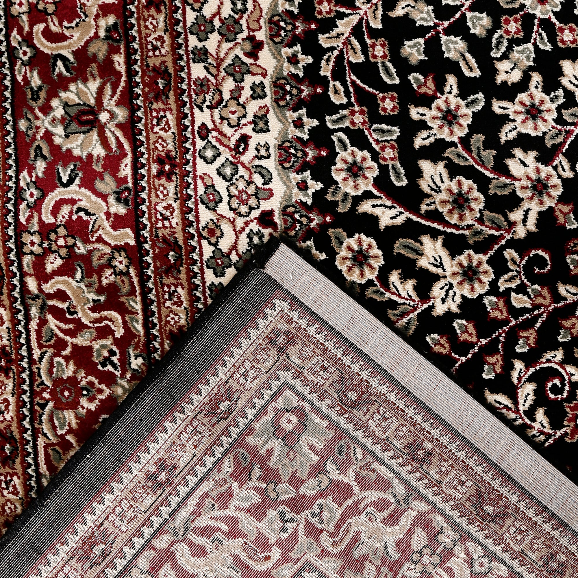 Corner and edge detail of Black Floral Medallion Machine Woven Classic Art Silk Rug with red ornamental border