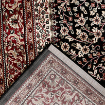 Corner and edge detail of Black Floral Medallion Machine Woven Classic Art Silk Rug with red ornamental border