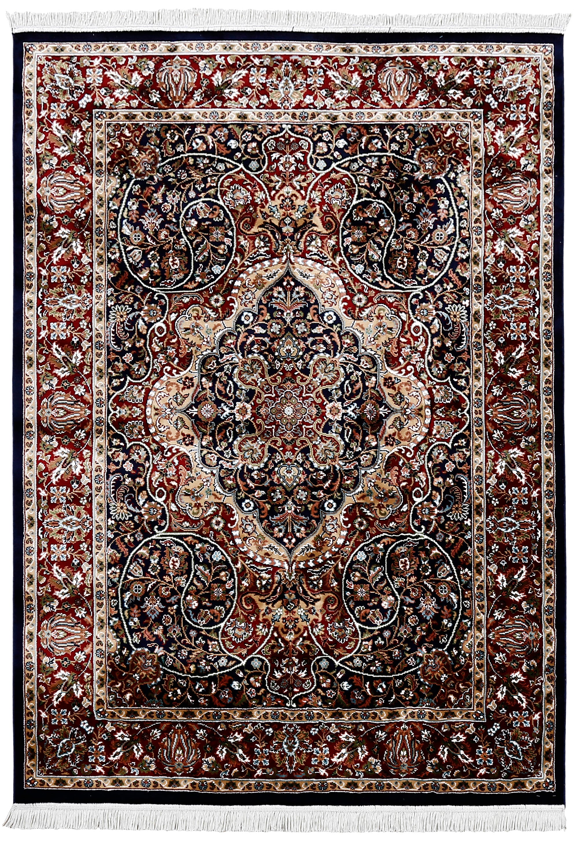 Full view of Black Machine Woven Classic Art Silk Rug with ornate floral medallion and rich red botanical border