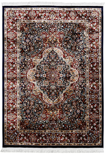 Full view of Black Machine Woven Classic Art Silk Rug with ornate floral medallion and rich red botanical border