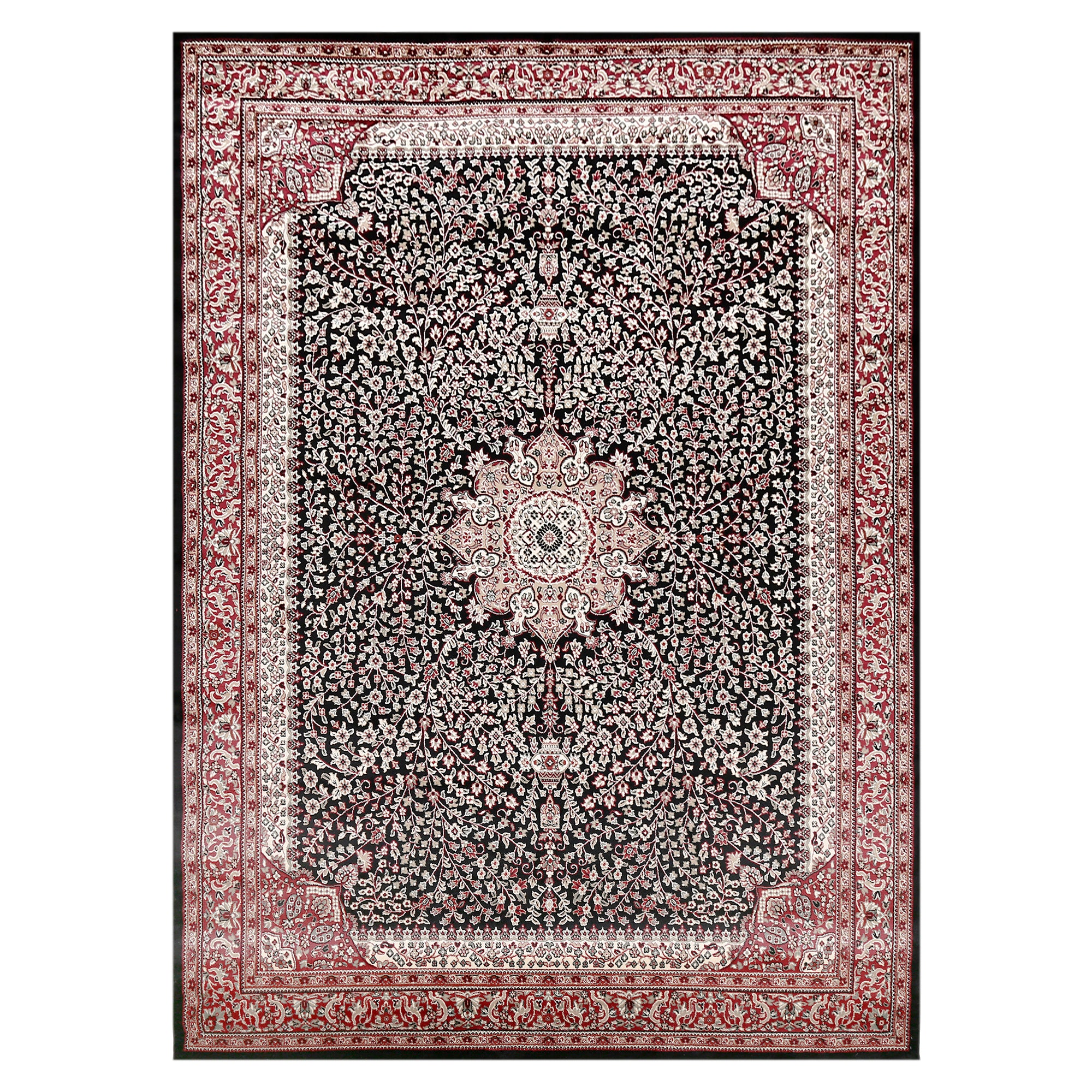 Full view of Black Machine Woven Classic Art Silk Rug with ivory floral medallion and rich red ornamental border