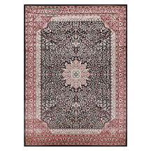 Full view of Black Machine Woven Classic Art Silk Rug with ivory floral medallion and rich red ornamental border