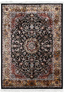 Full view of Black Machine Woven Classic Art Silk Rug with red accents and beige floral border