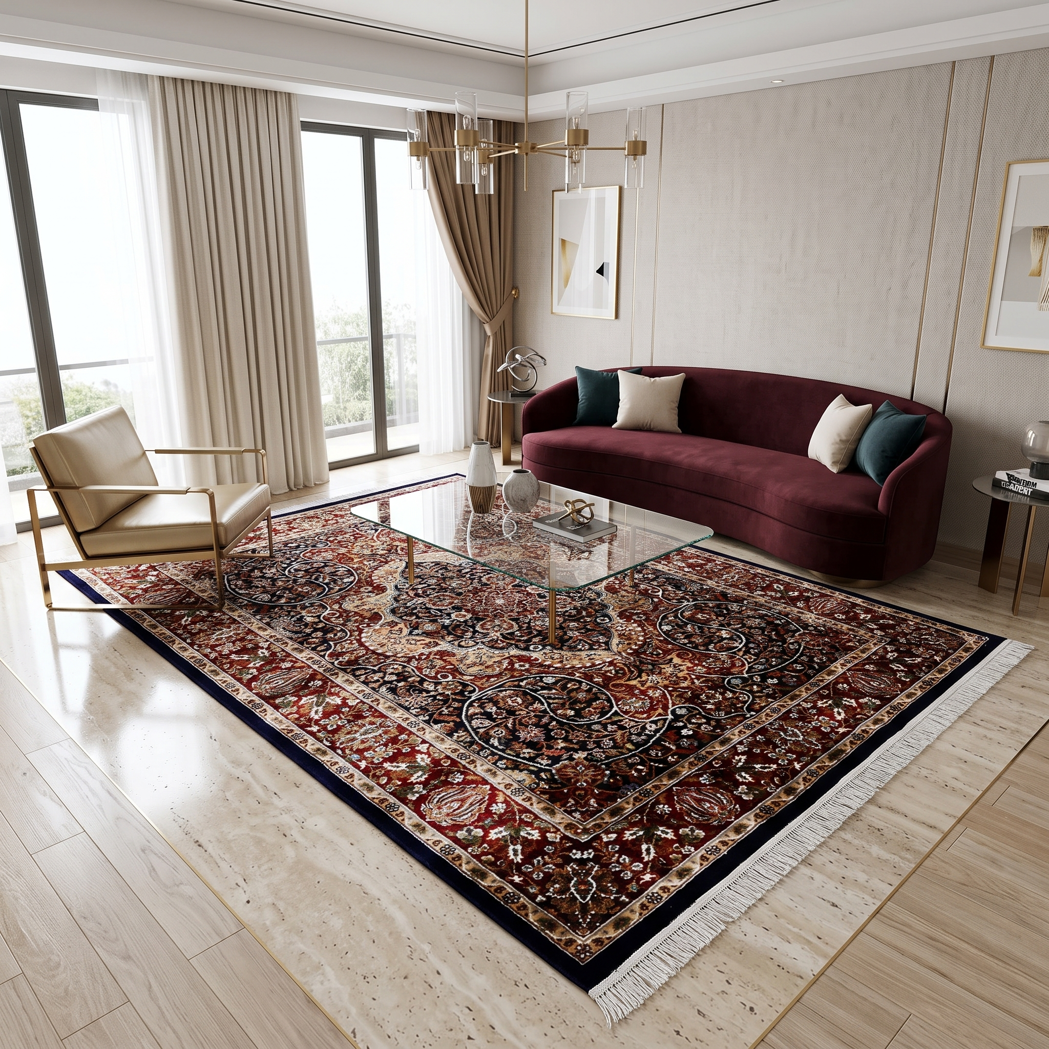 Black Floral Medallion Machine Woven Classic Art Silk Rug styled in an elegant interior by Khushi Living