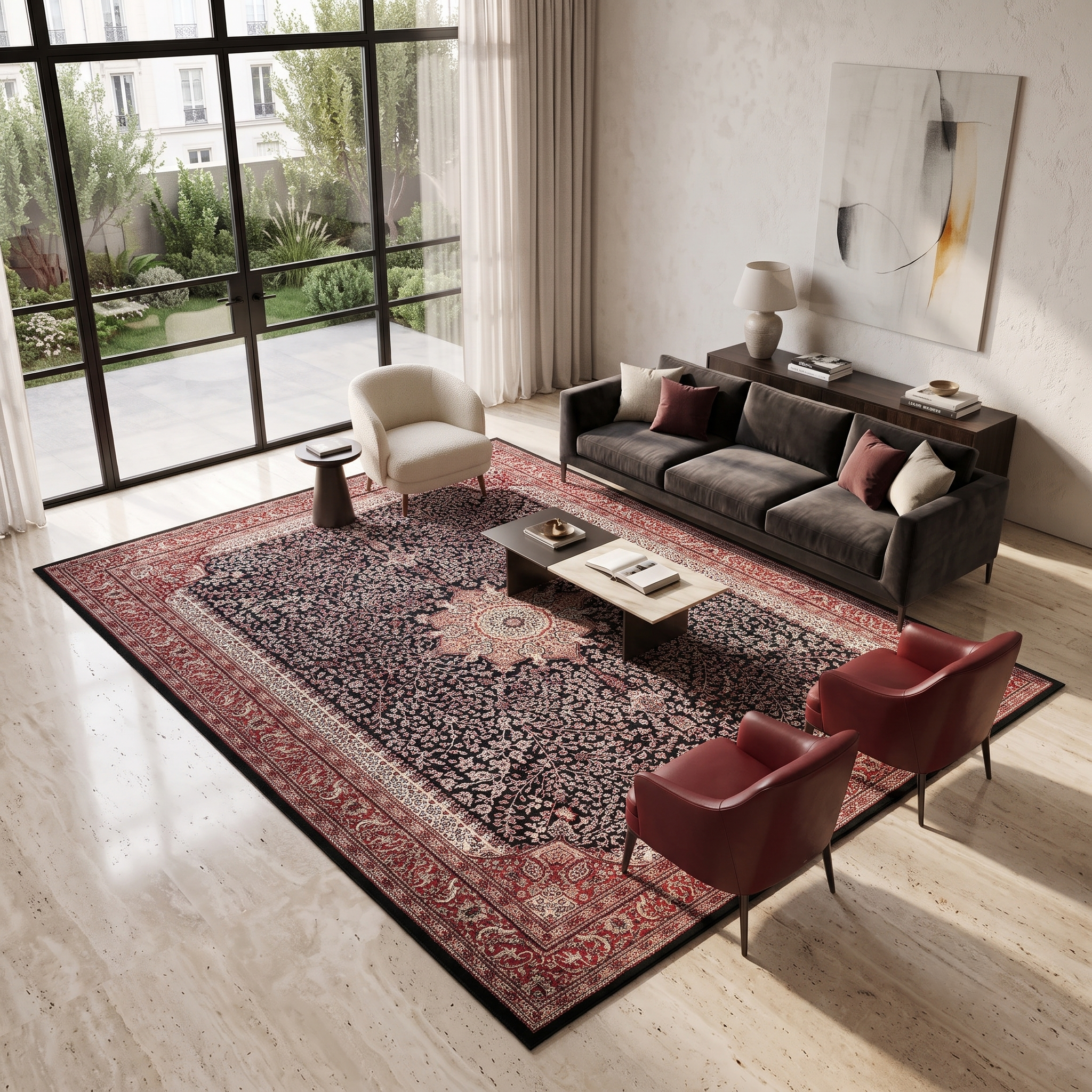 Black Floral Medallion Machine Woven Classic Art Silk Rug styled in an elegant interior by Khushi Living