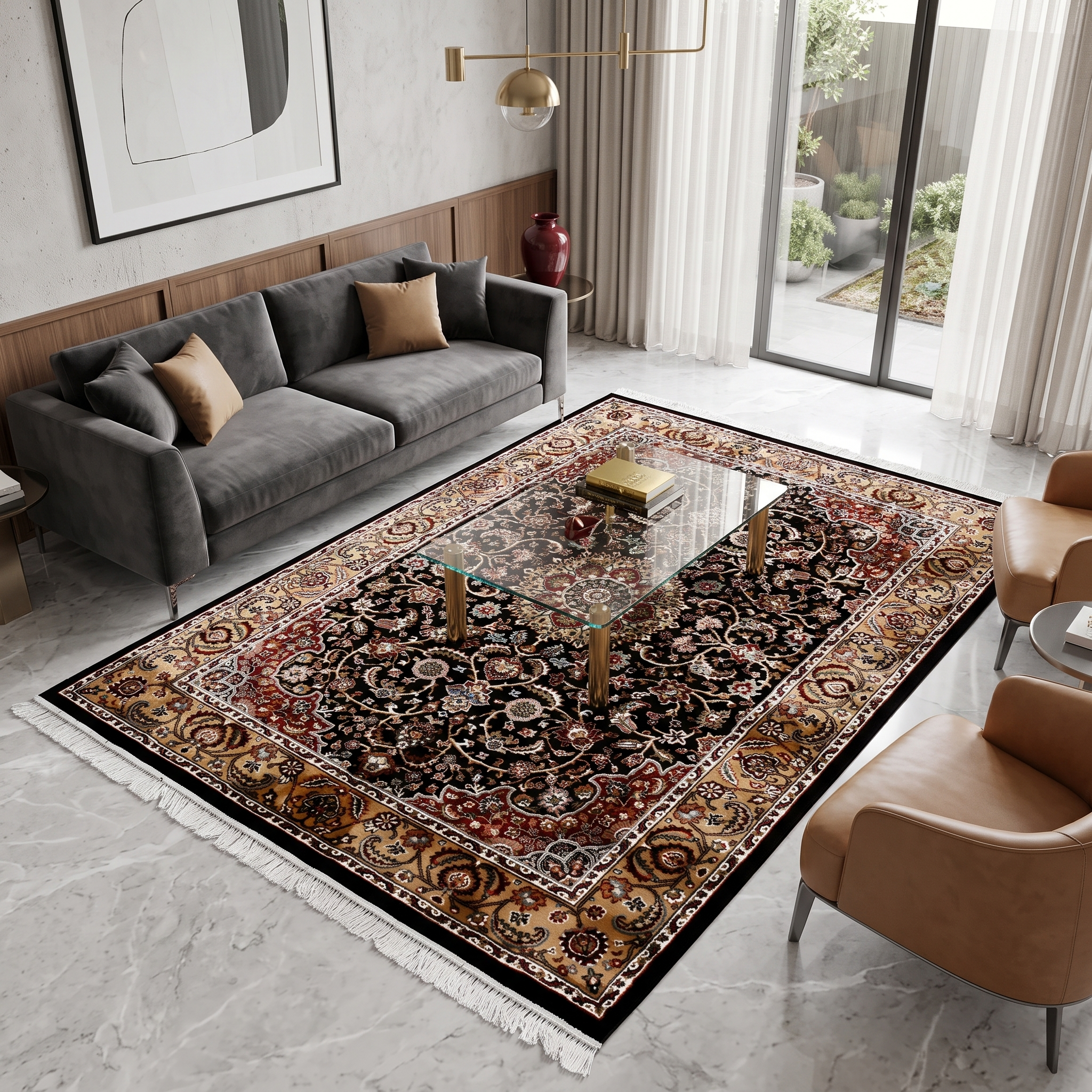 Black floral medallion Machine Woven Classic Art Silk Rug styled in an elegant interior by Khushi Living