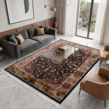 Black floral medallion Machine Woven Classic Art Silk Rug styled in an elegant interior by Khushi Living