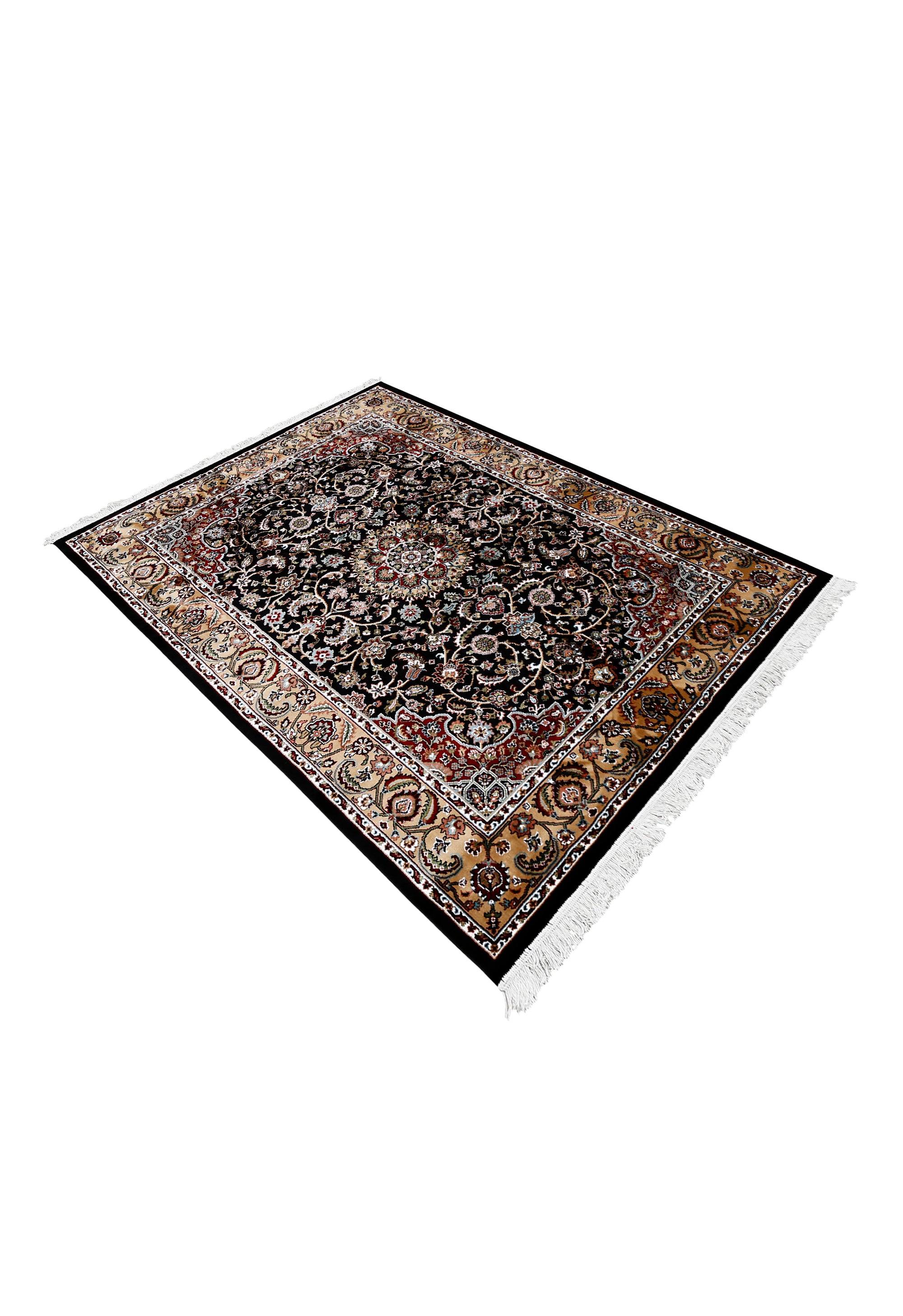 Side angle view of Black Floral Medallion Machine Woven Classic Art Silk Rug by Khushi Living