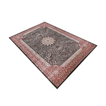 Side angle view of Black Floral Medallion Machine Woven Classic Art Silk Rug by Khushi Living