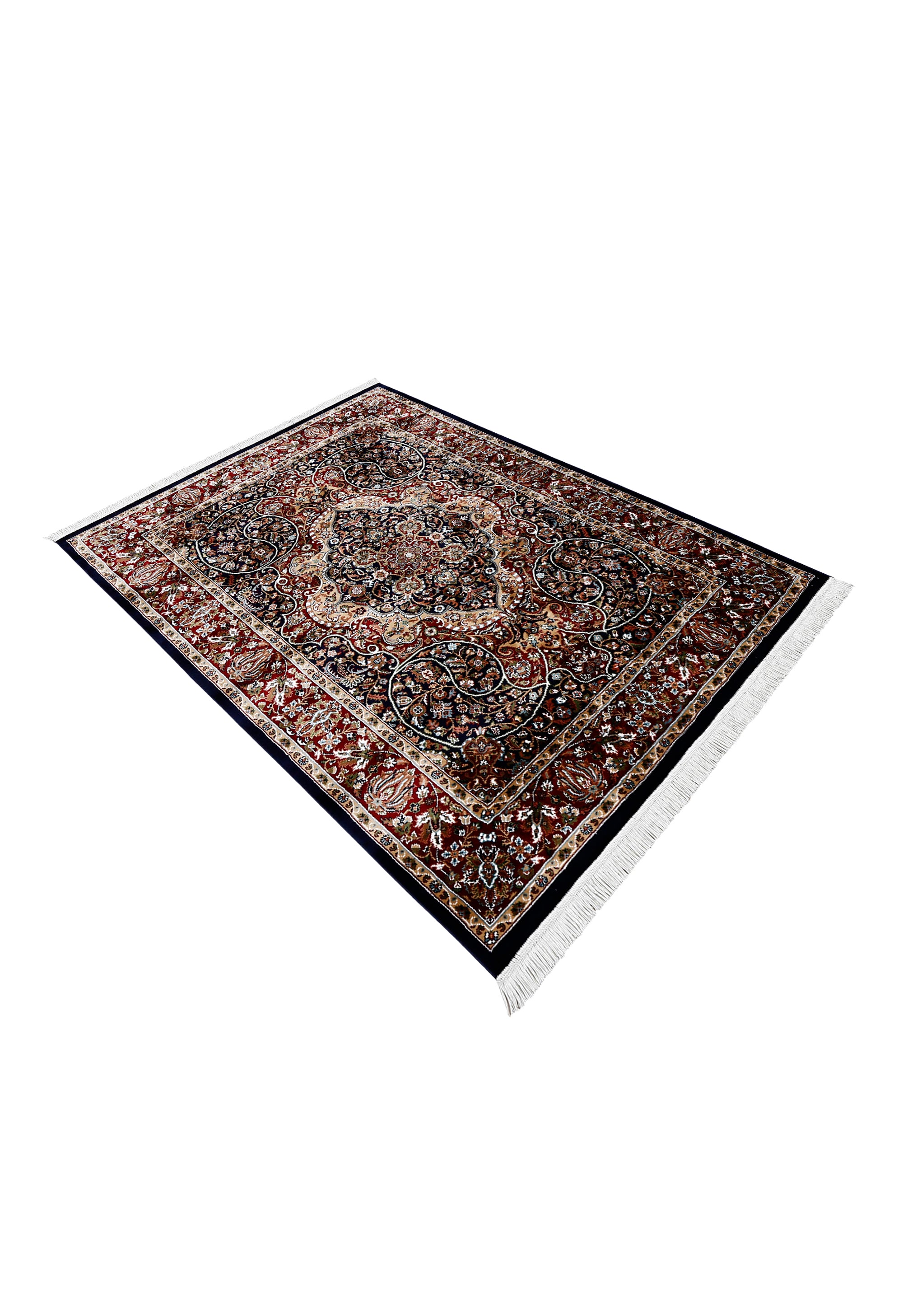 Side angle view of Black Floral Medallion Machine Woven Classic Art Silk Rug by Khushi Living