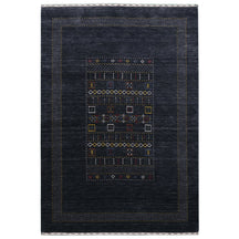 Full view of black Hand Woven Loom Lori wool rug with multicolour tribal geometric motifs and decorative dotted border