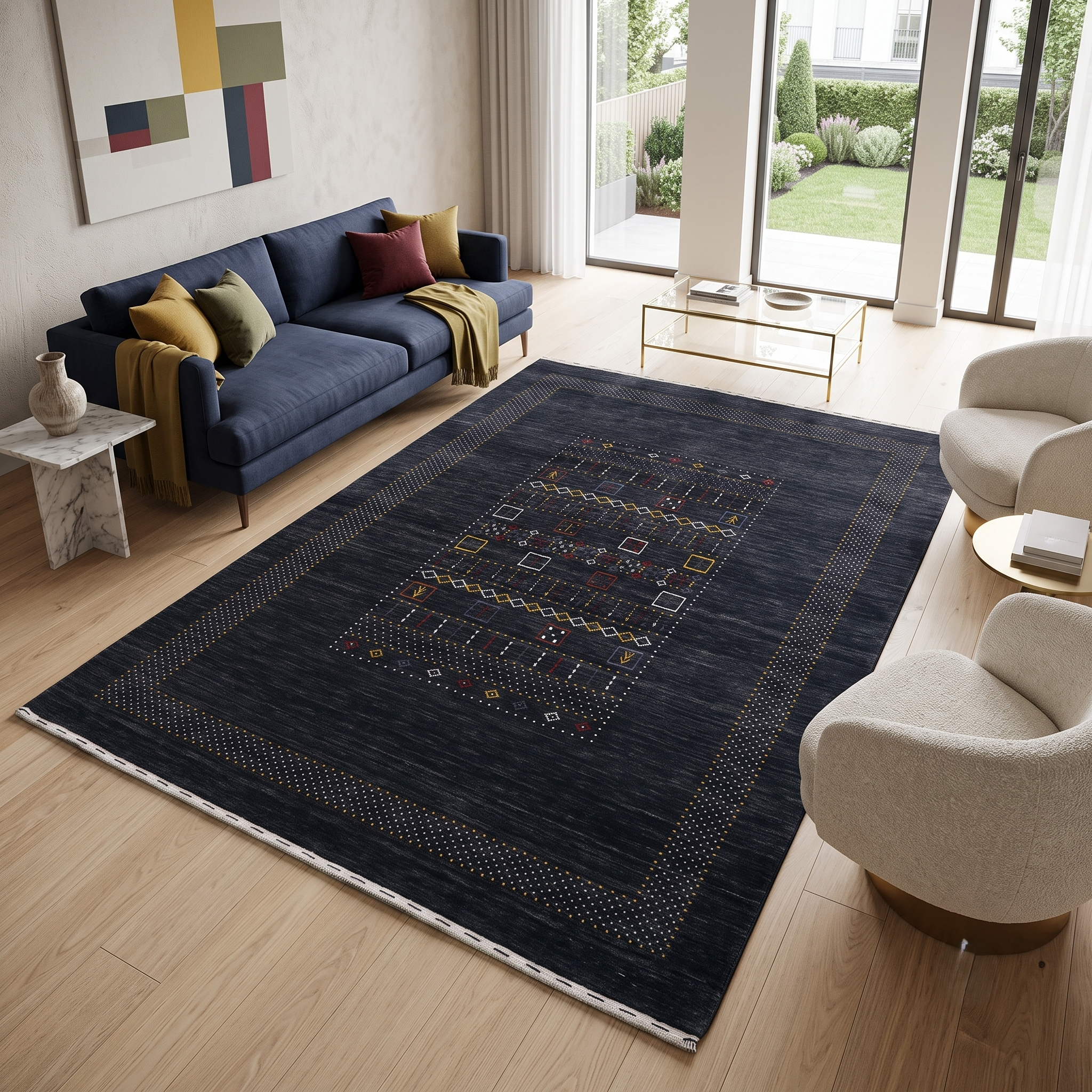 Black Hand Woven Loom Lori wool rug with tribal geometric design styled in an elegant contemporary living room