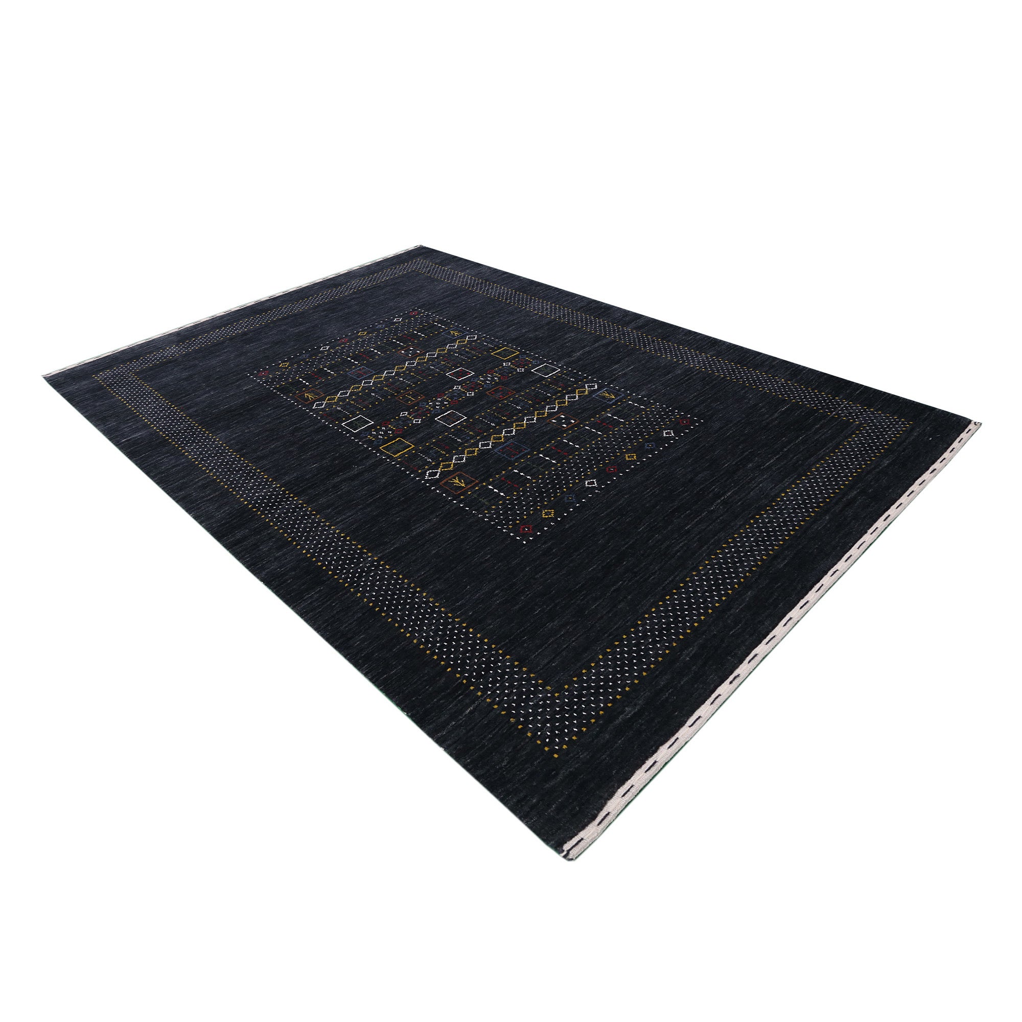 Side angle view of black Hand Woven Loom Lori wool rug highlighting wool texture, tribal geometric pattern and handmade finish