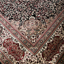 Close-up texture of Black Machine Woven Classic Art Silk Rug showing intricate floral motifs and smooth Art Silk surface