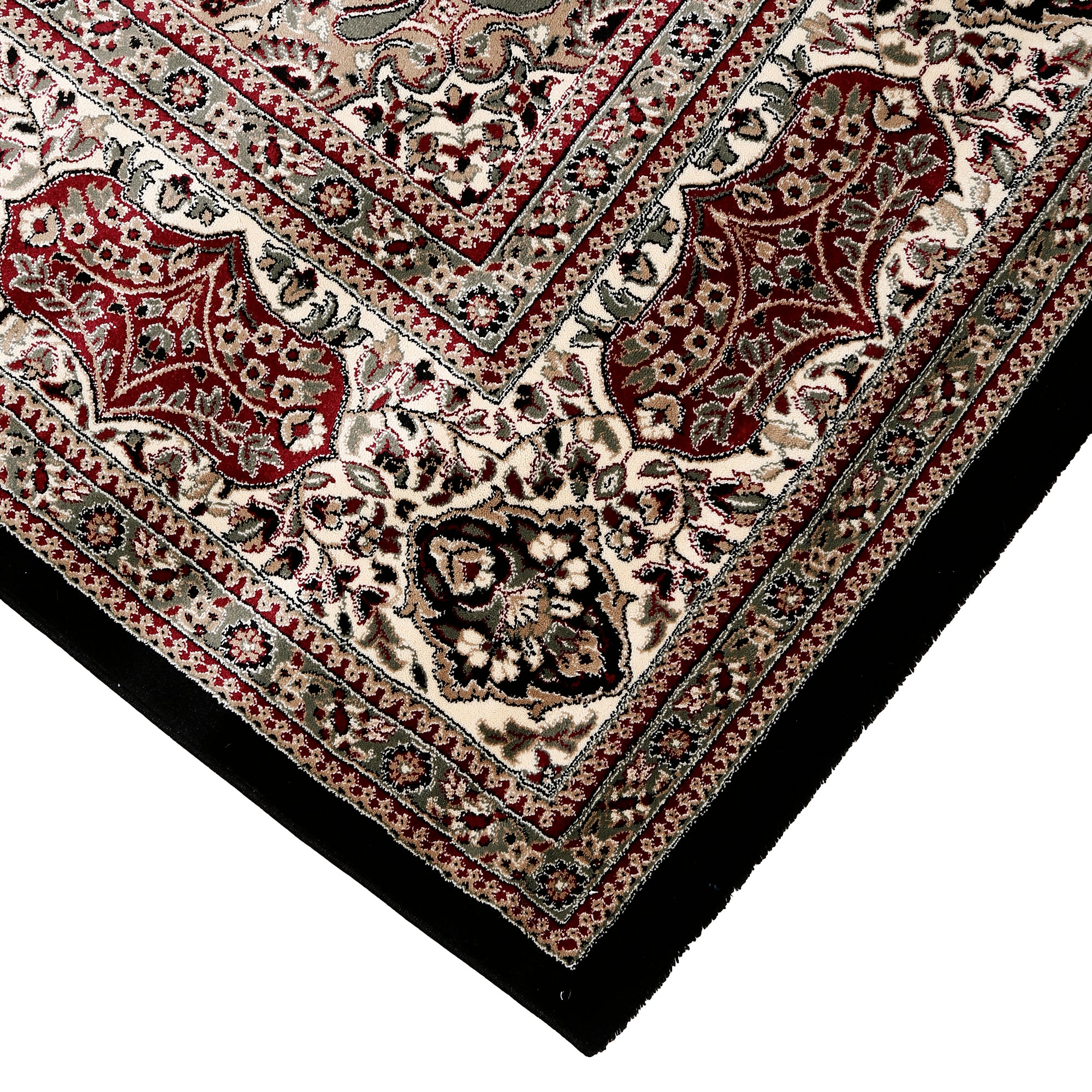 Corner and edge detail of Black Ivory Floral Medallion Machine Woven Classic Art Silk Rug with ornamental border