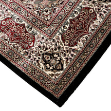 Corner and edge detail of Black Ivory Floral Medallion Machine Woven Classic Art Silk Rug with ornamental border