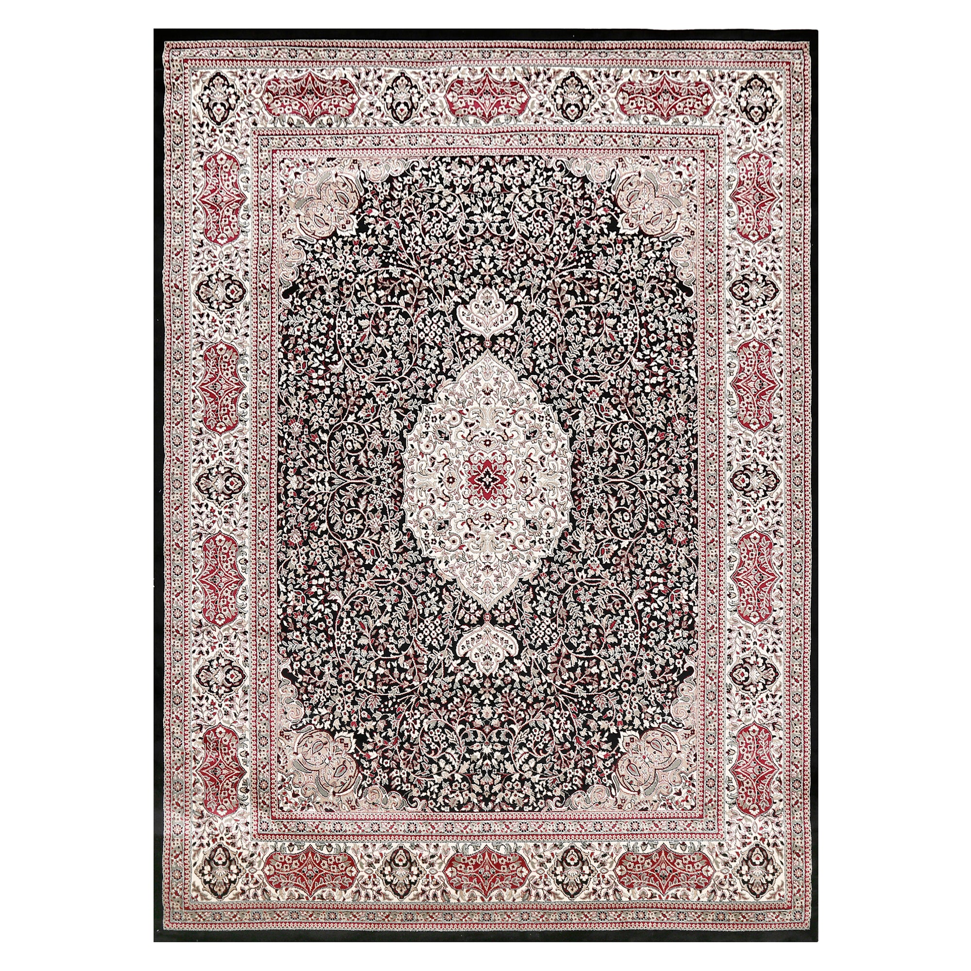 Full view of Black Machine Woven Classic Art Silk Rug with ivory floral medallion and red ornamental accents