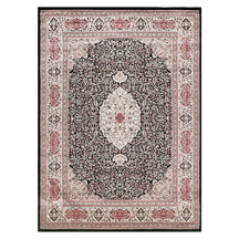Full view of Black Machine Woven Classic Art Silk Rug with ivory floral medallion and red ornamental accents