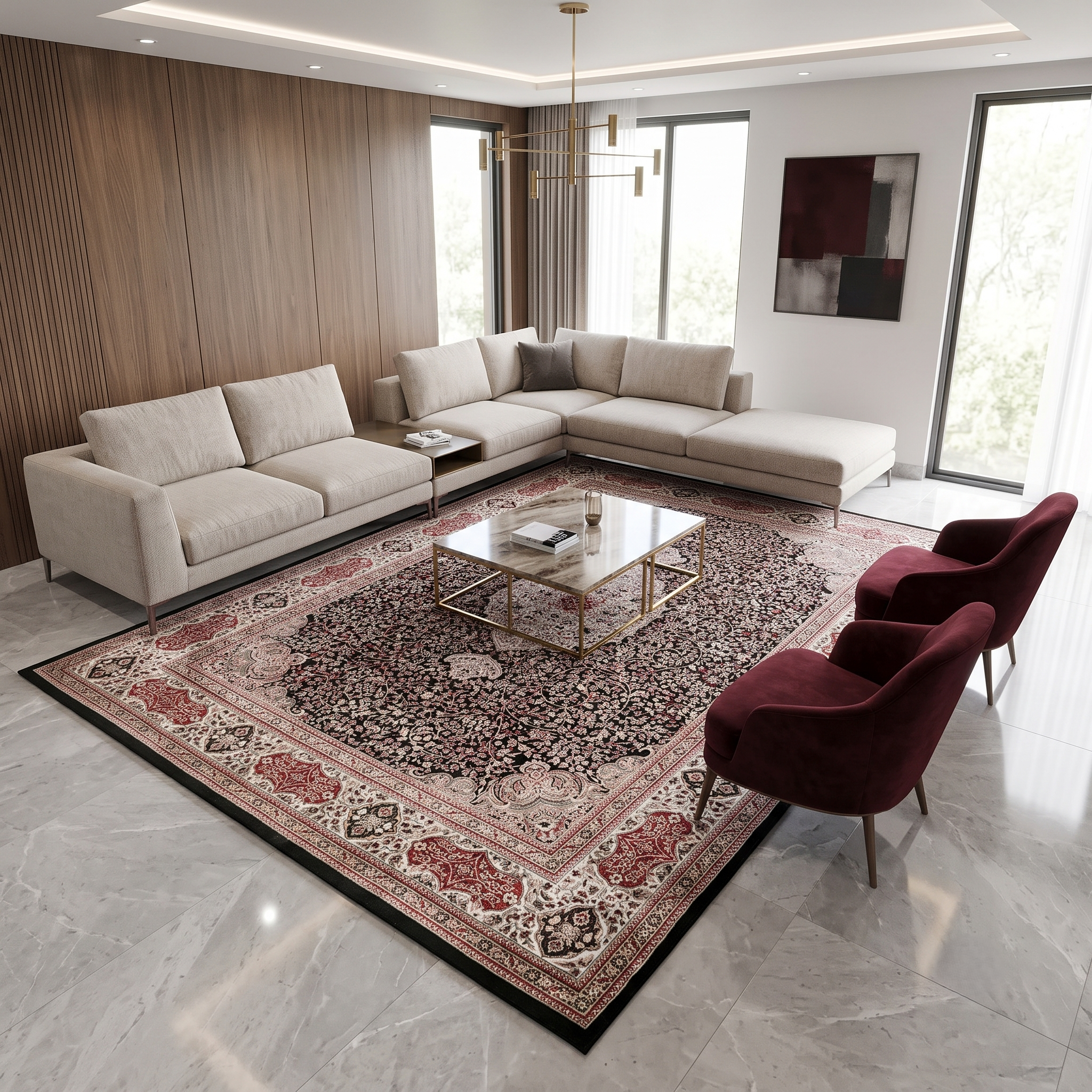 Black Ivory Floral Medallion Machine Woven Classic Art Silk Rug styled in an elegant interior by Khushi Living