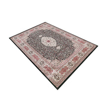 Side angle view of Black Ivory Floral Medallion Machine Woven Classic Art Silk Rug by Khushi Living