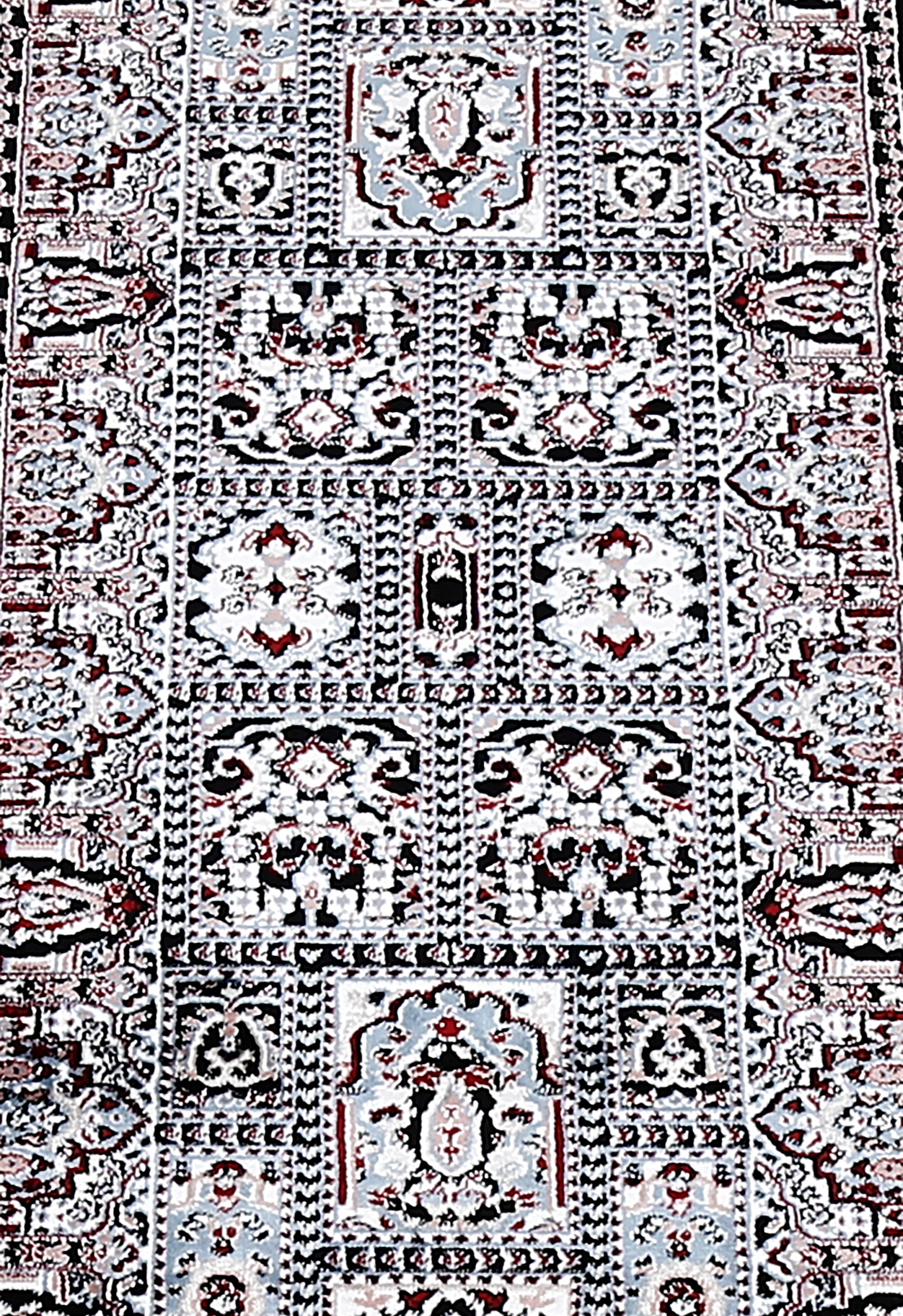 Close-up texture of Black Machine Woven Classic Art Silk Runner Rug showing detailed panel motifs and smooth Art Silk surface