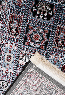 Corner and fringed edge detail of Black Panel Pattern Machine Woven Classic Art Silk Runner Rug