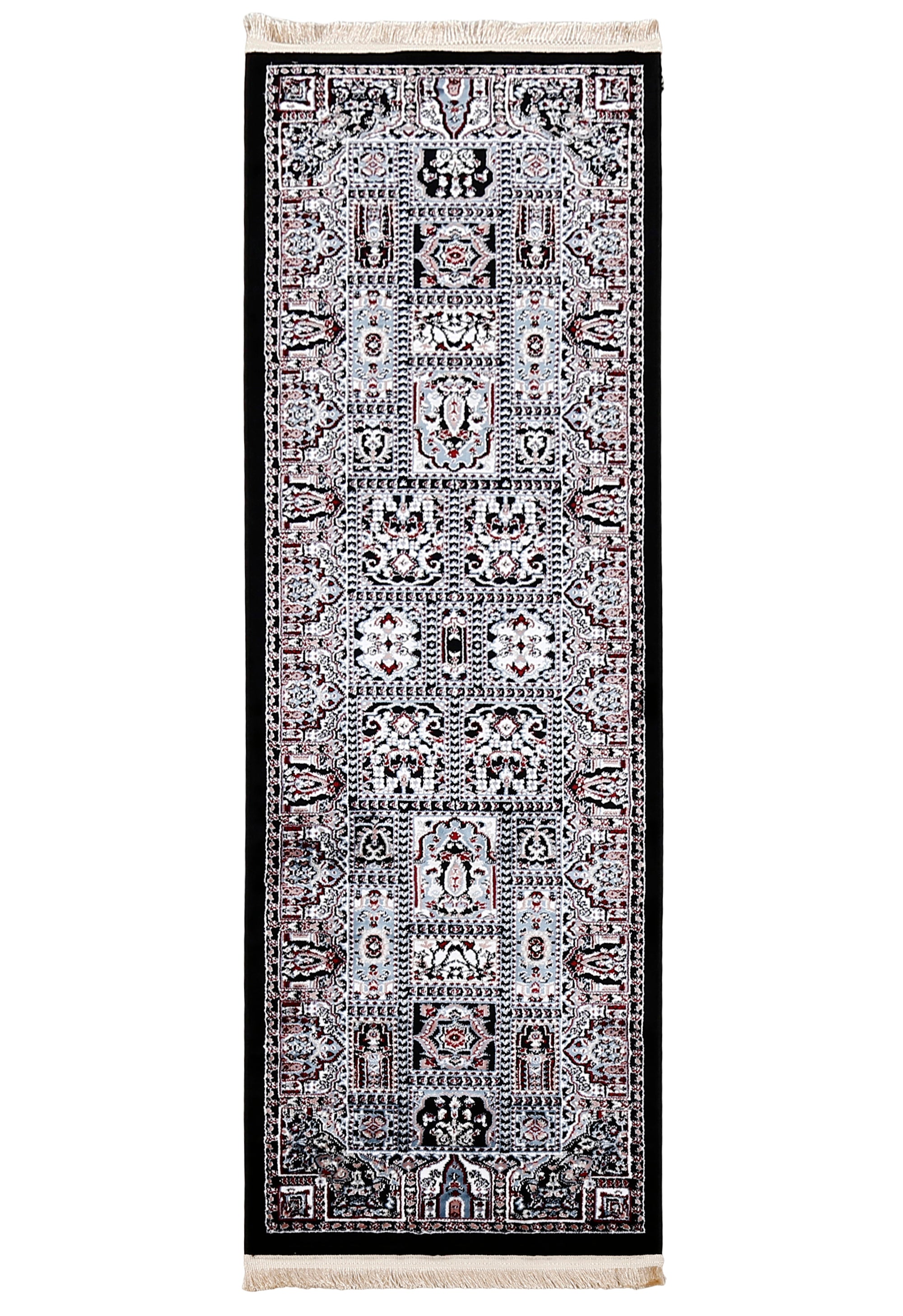 Full view of Black Machine Woven Classic Art Silk Runner Rug with light blue panels and floral geometric motifs